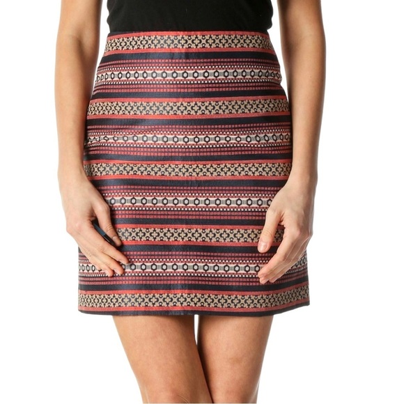 NWT Women’s Ann Taylor LOFT Navy Blue Gold Aztec Stripe Cotton Shift Skirt 8 - Picture 1 of 10
